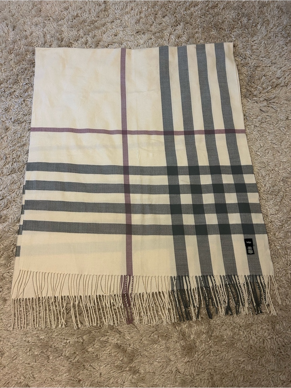 Indigo Cream Plaid Fringe Scarf Throw with Gray and Mauve Stripes